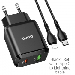 Сетевое зарядное устройство с кабелем Hoco N5 USB QC3.0 3A, Type-C PD - Lightning 1m Черный